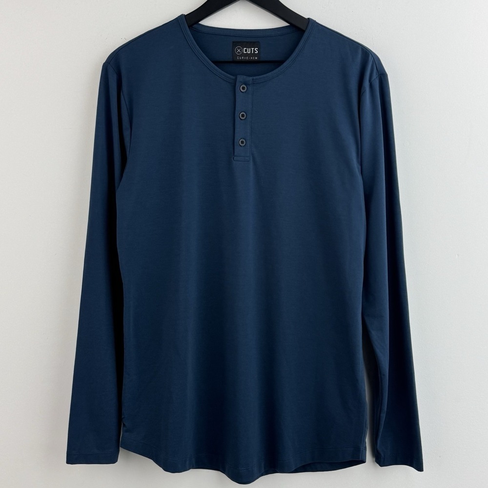 Cuts Curve Hem Shirts Mens Blue L Performance Henley Athletic Long Sleeve